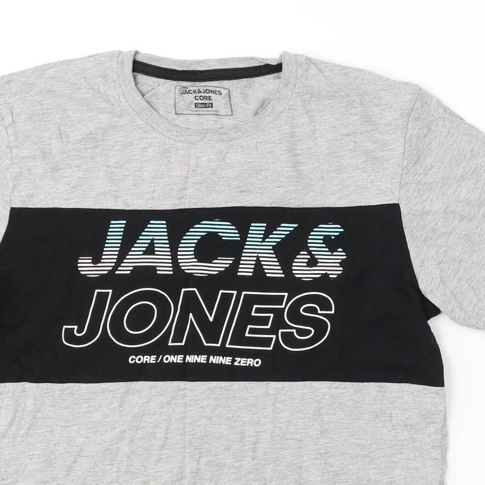JACK & JONES Mens Grey Cotton T-Shirt Size M Round Neck