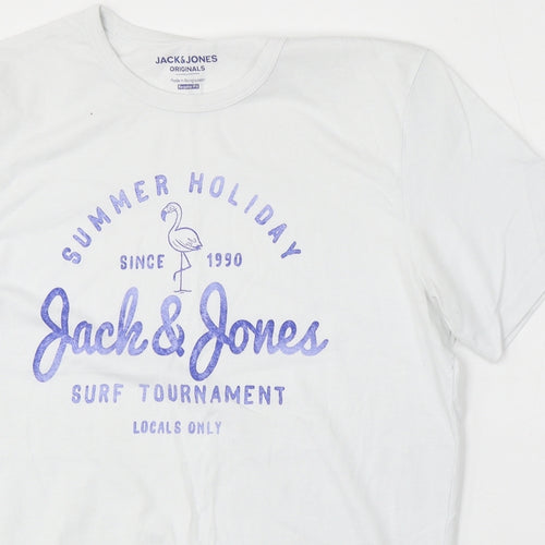JACK & JONES Mens White Cotton T-Shirt Size M Round Neck - Summer Holiday Surf Tournament