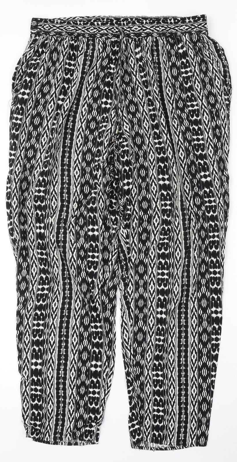 F&F Womens Black Geometric Viscose Trousers Size 16 L28 in Regular Drawstring