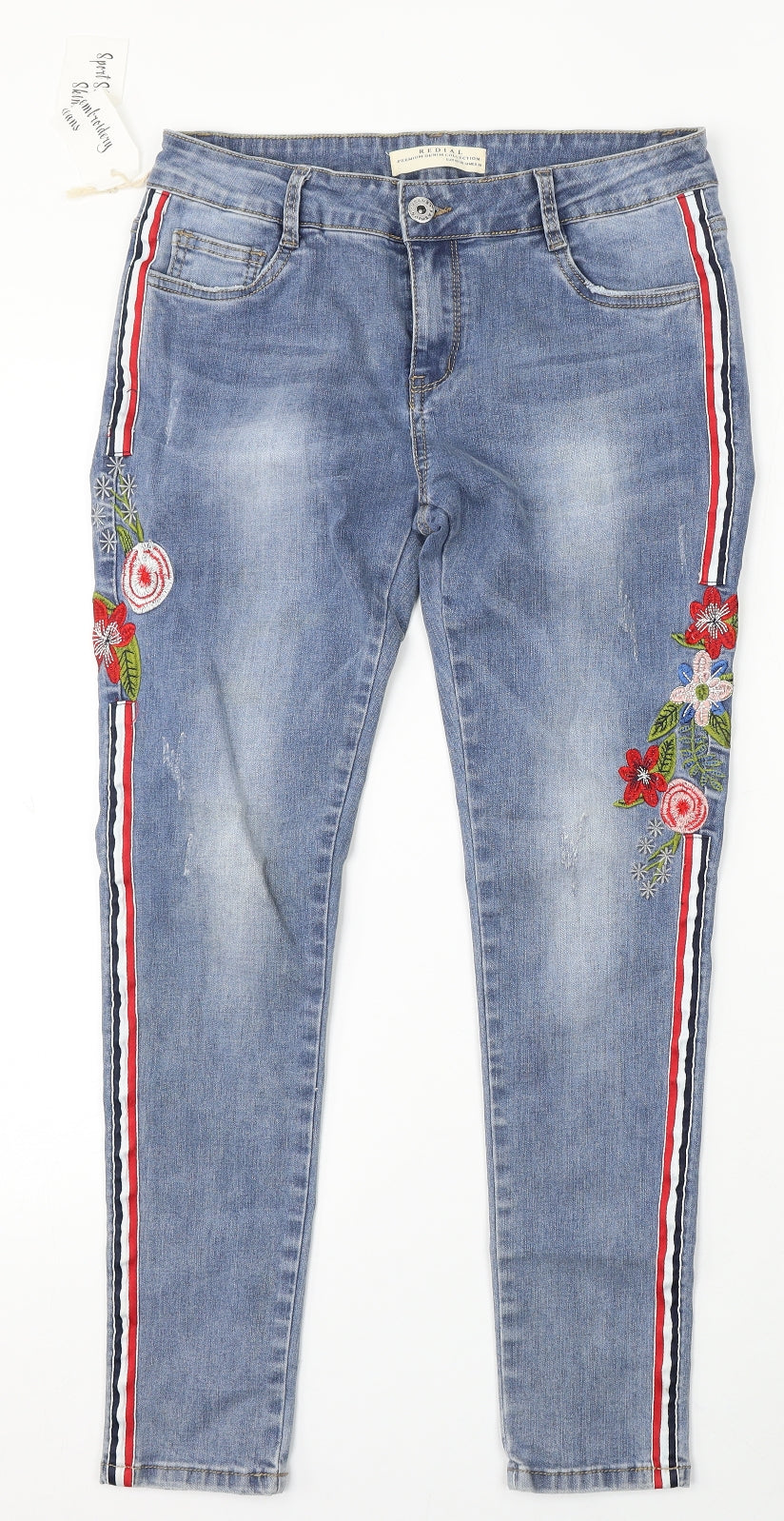 Redial Womens Blue Floral Cotton Skinny Jeans Size 14 L28 in Regular Button - Flower Embroidery
