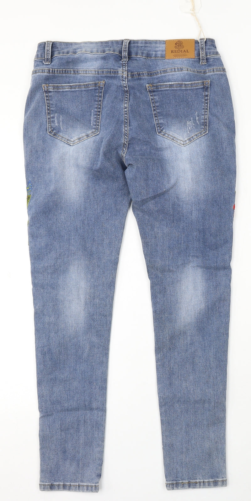 Redial Womens Blue Floral Cotton Skinny Jeans Size 14 L28 in Regular Button - Flower Embroidery