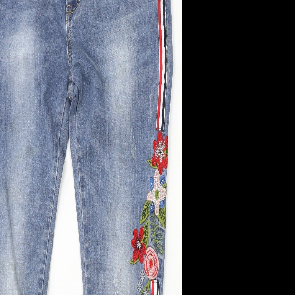 Redial Womens Blue Floral Cotton Skinny Jeans Size 14 L28 in Regular Button - Flower Embroidery