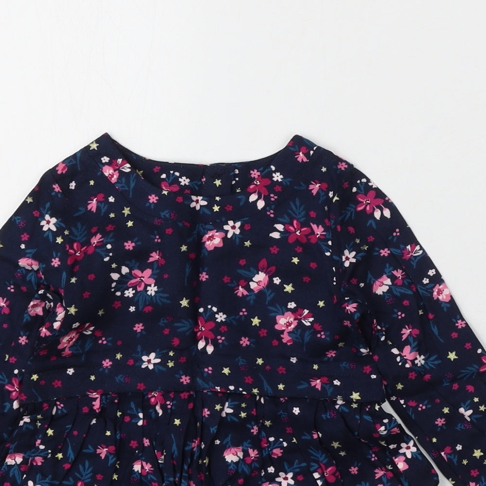 Primark Girls Blue Floral Cotton Skater Dress Size 12-18 Months Round Neck Button