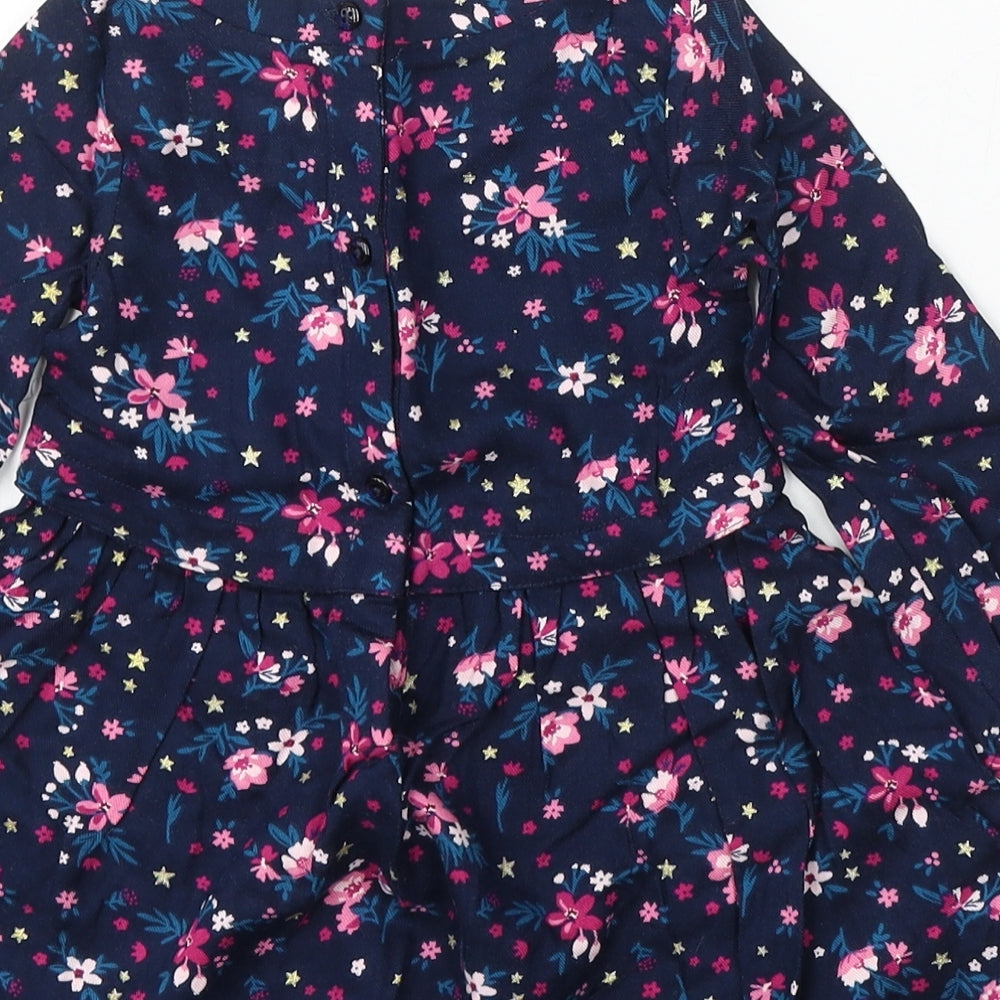 Primark Girls Blue Floral Cotton Skater Dress Size 12-18 Months Round Neck Button