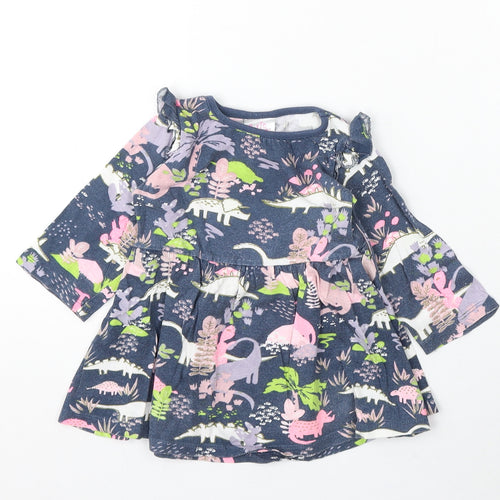 Evie Angel Girls Blue Floral Cotton Skater Dress Size 9-12 Months Round Neck - Cartoon Dinosaurs