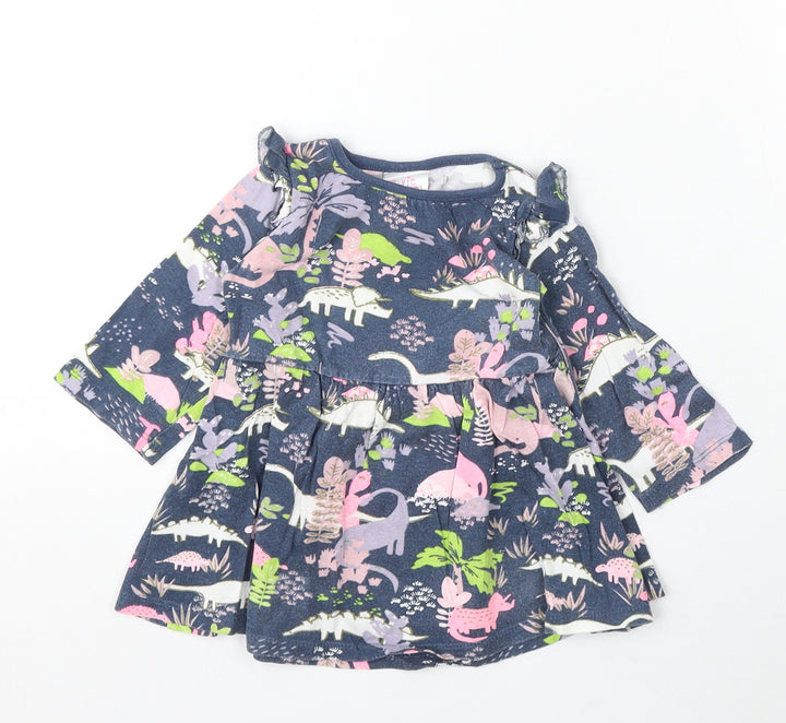 Evie Angel Girls Blue Floral Cotton Skater Dress Size 9-12 Months Round Neck - Cartoon Dinosaurs