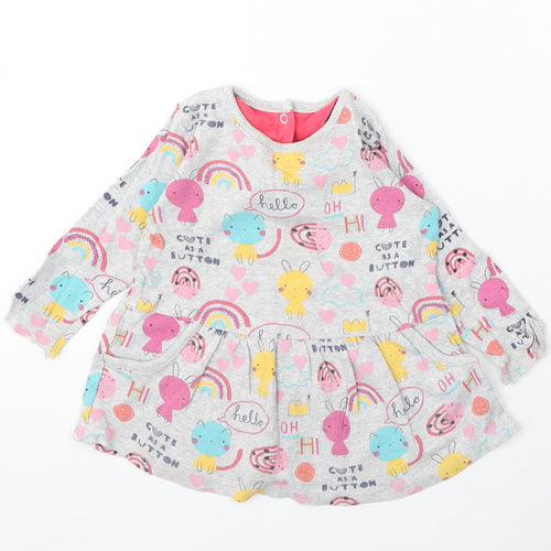 M Girls Grey Geometric Cotton Skater Dress Size 9-12 Months Round Neck Snap - Cartoon Animals