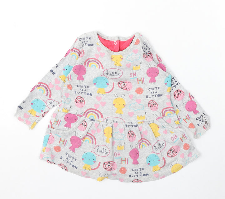 M Girls Grey Geometric Cotton Skater Dress Size 9-12 Months Round Neck Snap - Cartoon Animals