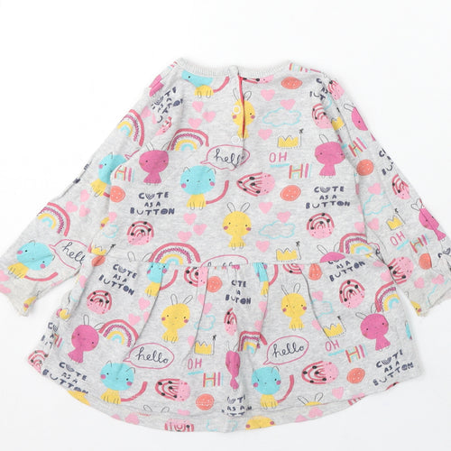M Girls Grey Geometric Cotton Skater Dress Size 9-12 Months Round Neck Snap - Cartoon Animals