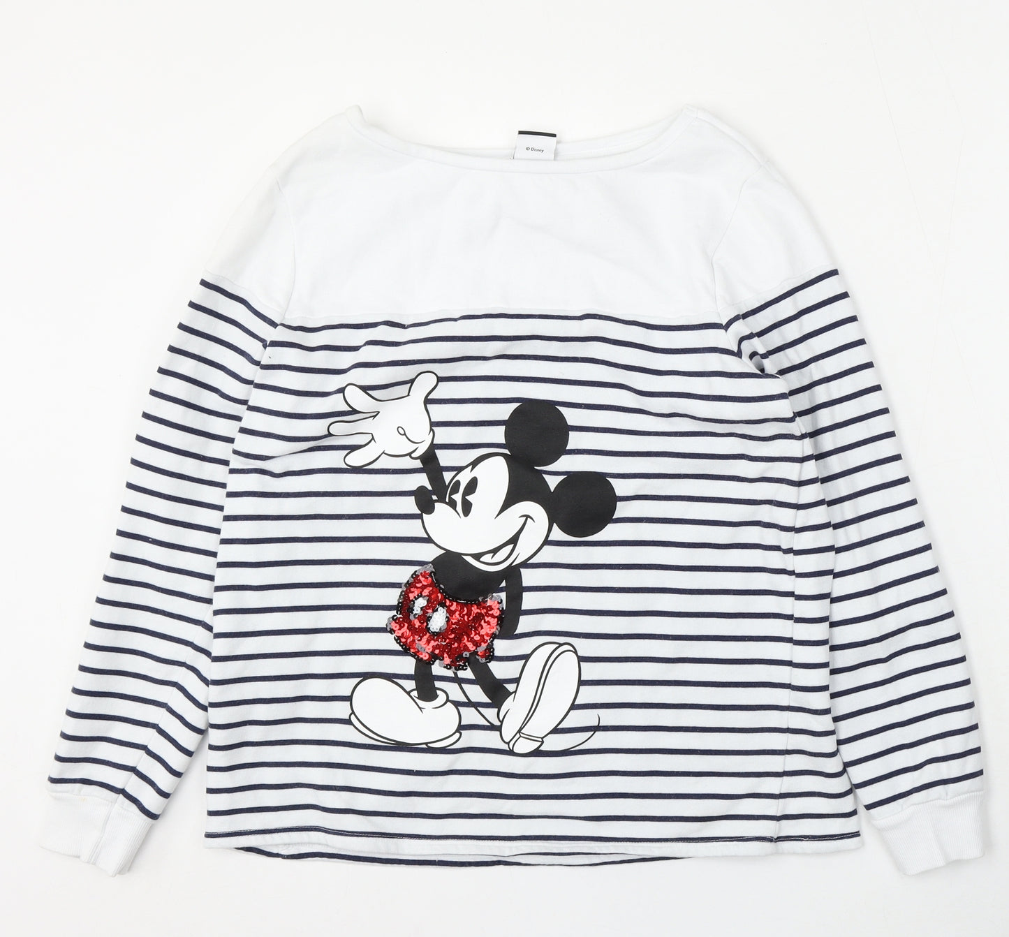 George Womens White Striped Cotton Pullover Sweatshirt Size M - Mickey Mouse
