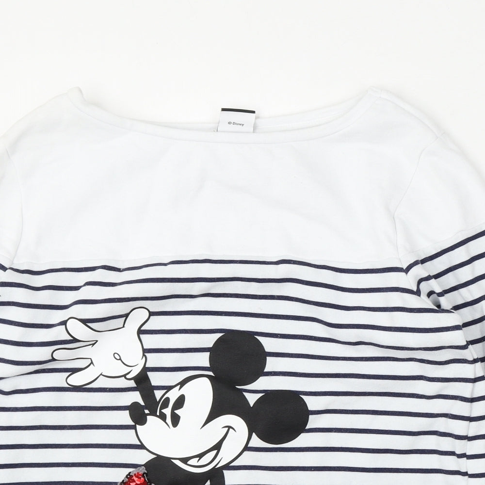 George Womens White Striped Cotton Pullover Sweatshirt Size M - Mickey Mouse