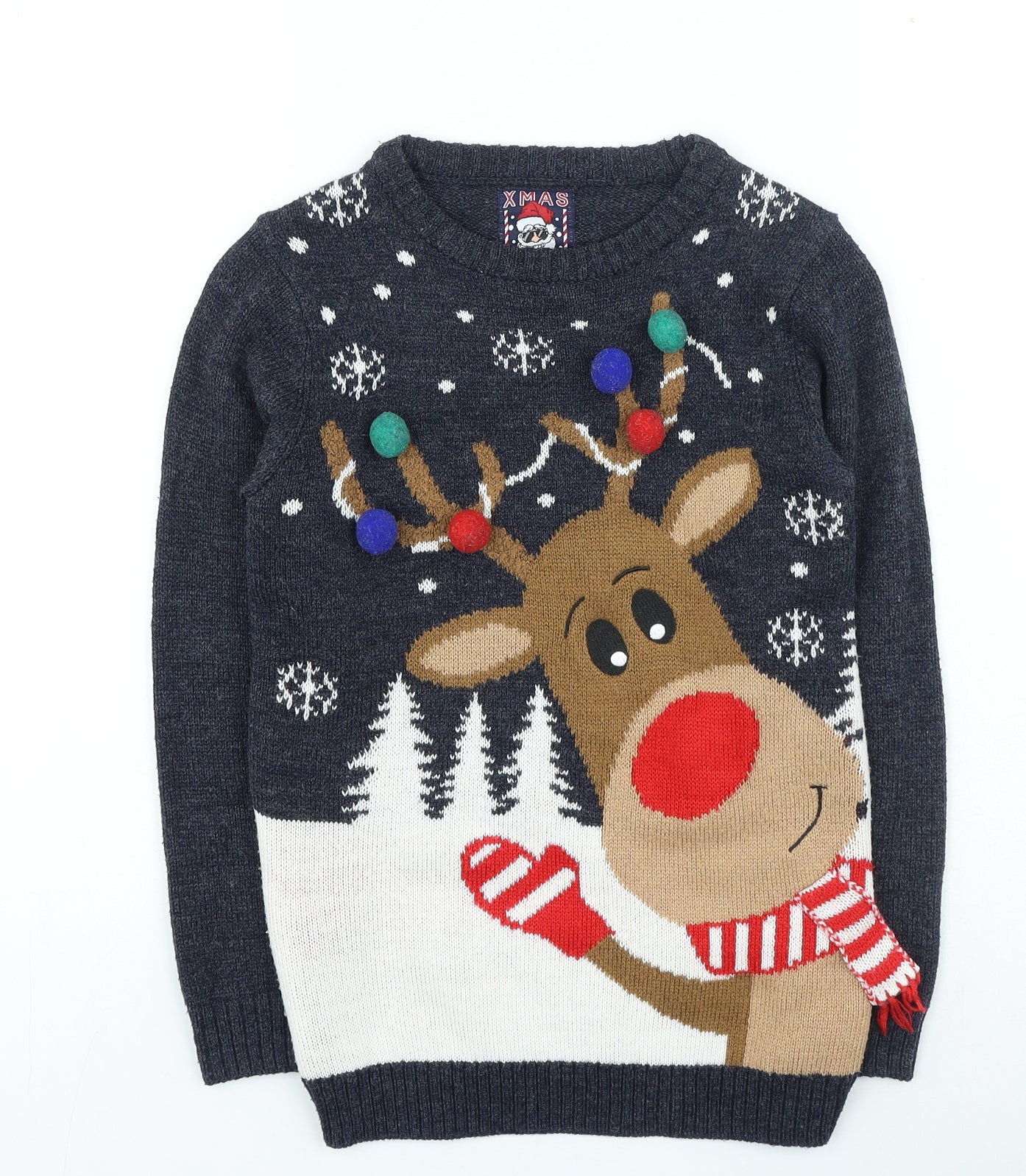 F&F Boys Grey Round Neck Acrylic Pullover Jumper Size 9-10 Years Pullover - Christmas Jumper