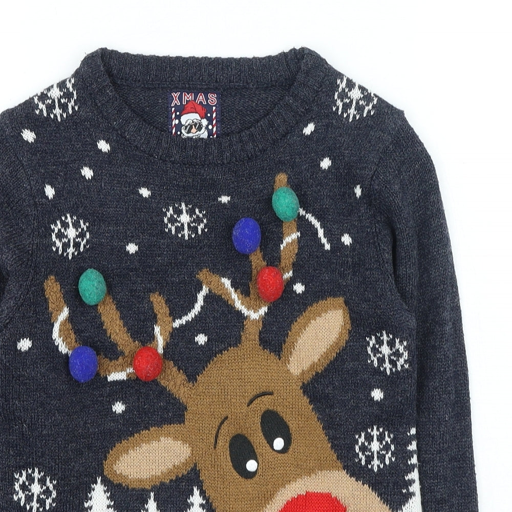 F&F Boys Grey Round Neck Acrylic Pullover Jumper Size 9-10 Years Pullover - Christmas Jumper