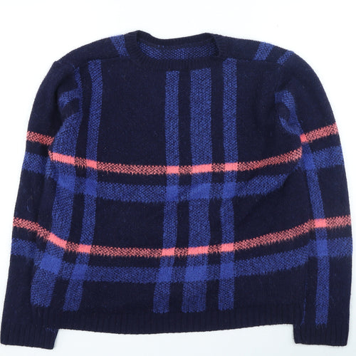 Preworn Womens Blue Round Neck Plaid Acrylic Pullover Jumper Size M