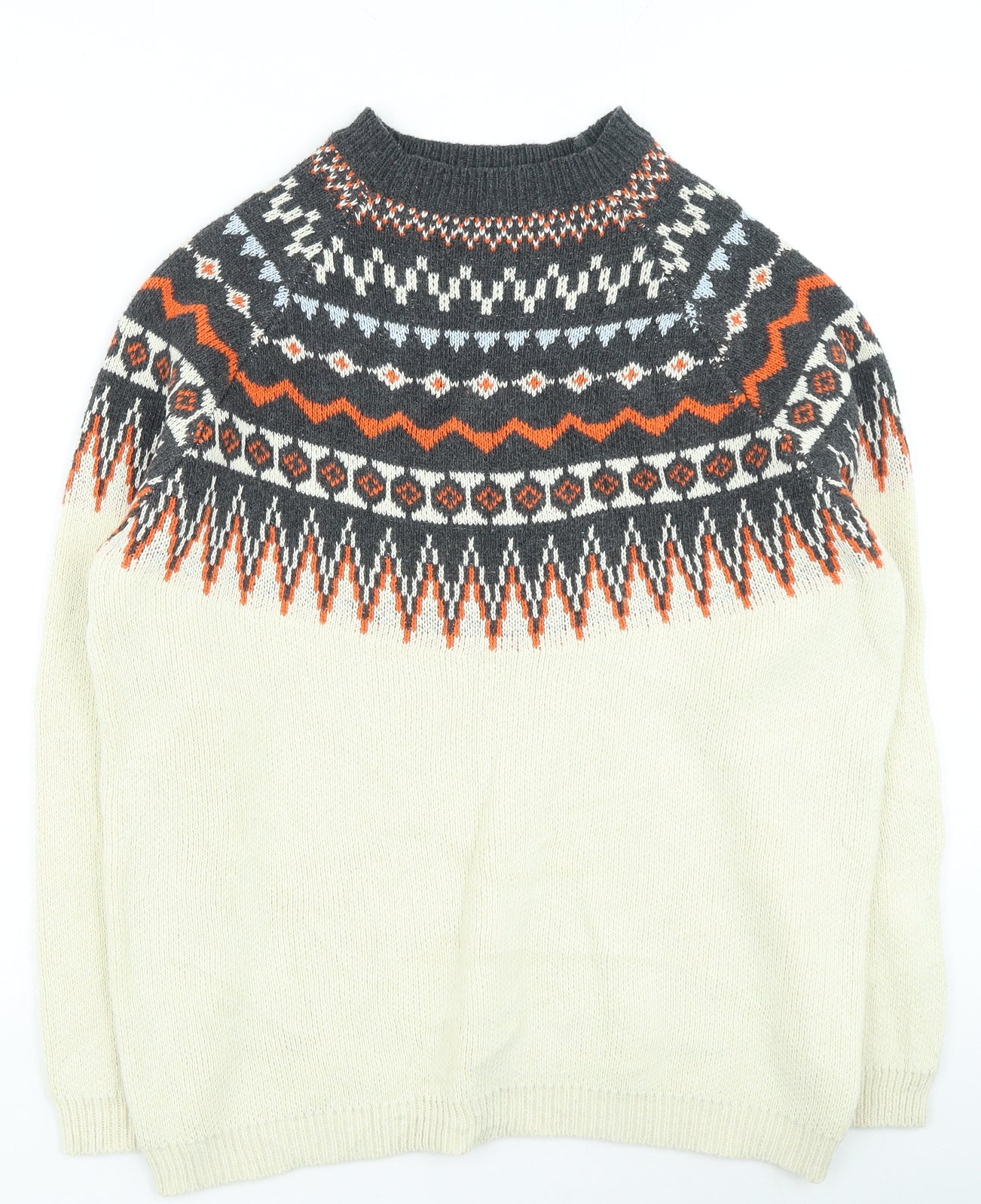 Preworn Mens Beige Round Neck Geometric Wool Pullover Jumper Size S