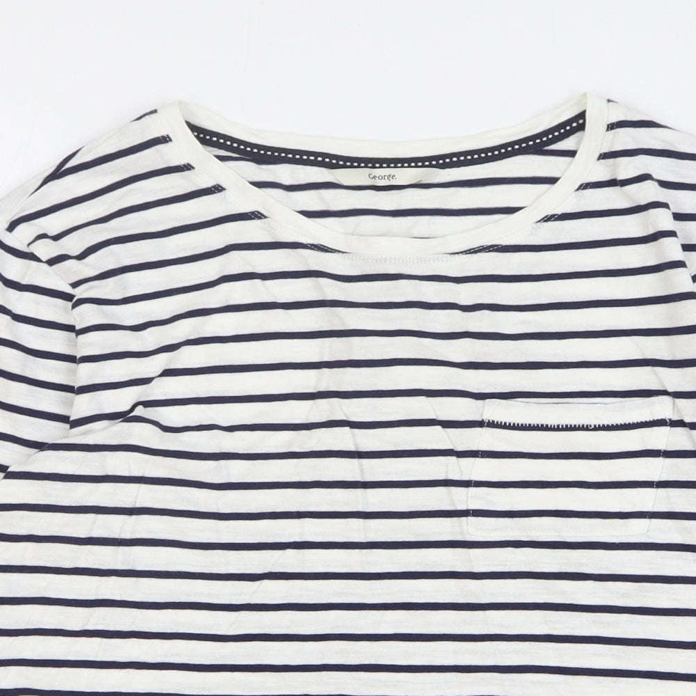 George Womens White Striped Cotton Basic T-Shirt Size 14 Round Neck