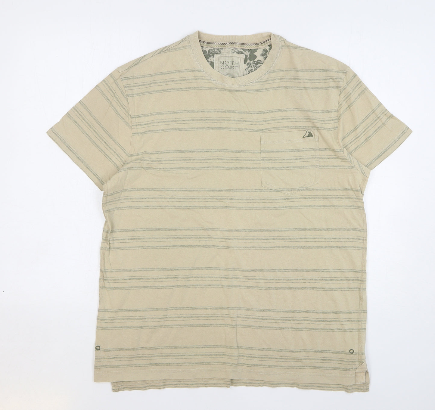 Marks and Spencer Mens Beige Striped Cotton T-Shirt Size M Round Neck - Pocket Detail