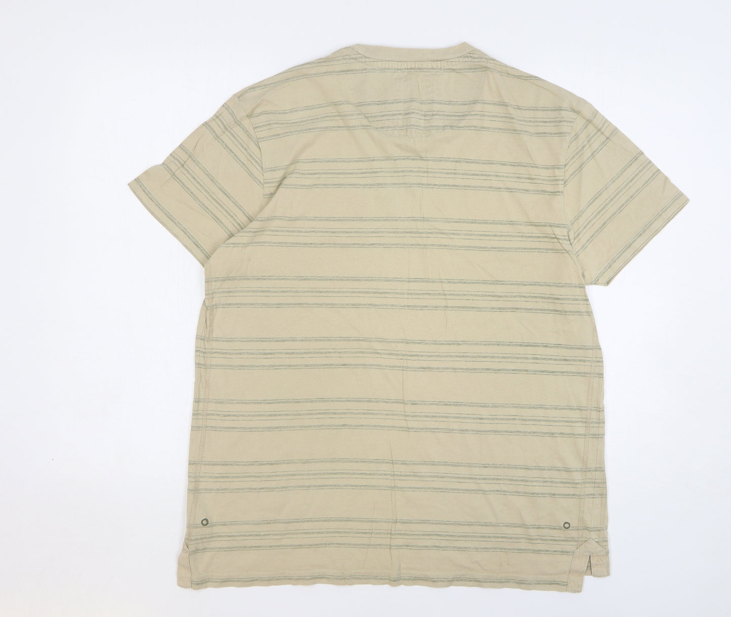 Marks and Spencer Mens Beige Striped Cotton T-Shirt Size M Round Neck - Pocket Detail