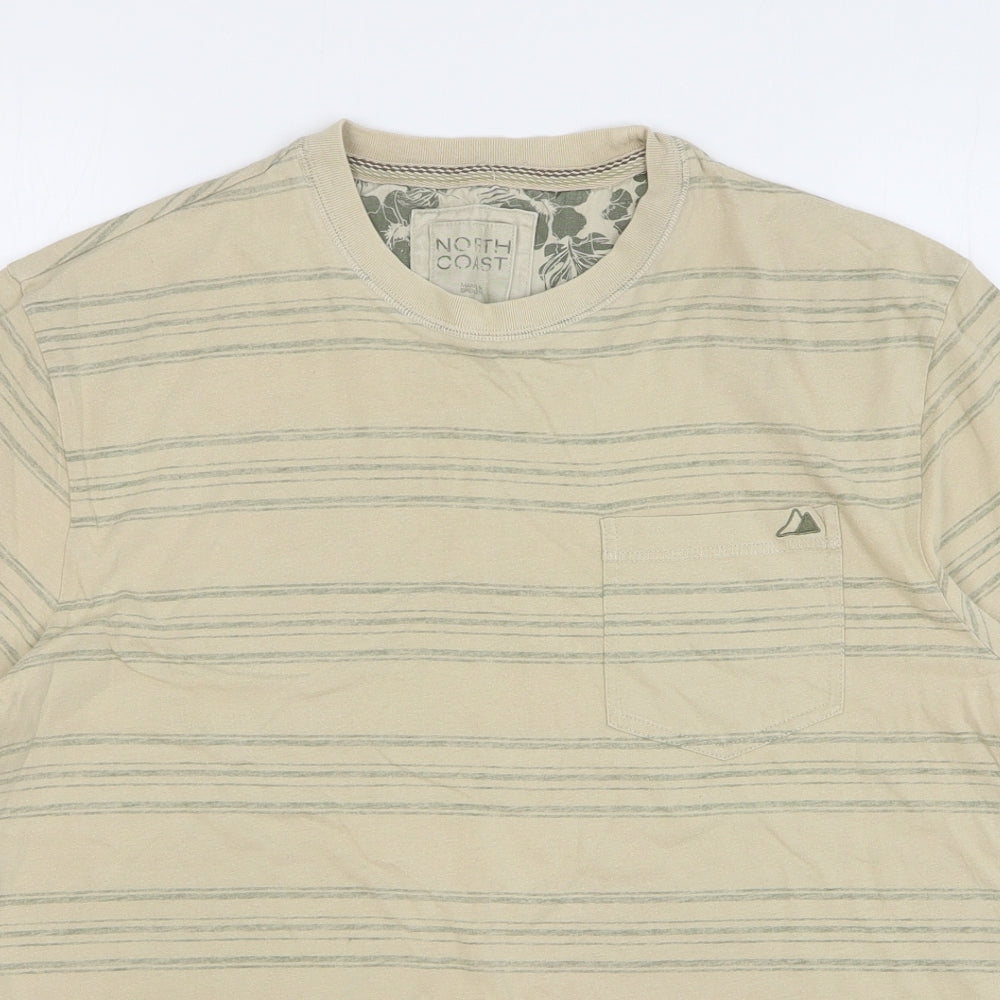 Marks and Spencer Mens Beige Striped Cotton T-Shirt Size M Round Neck - Pocket Detail