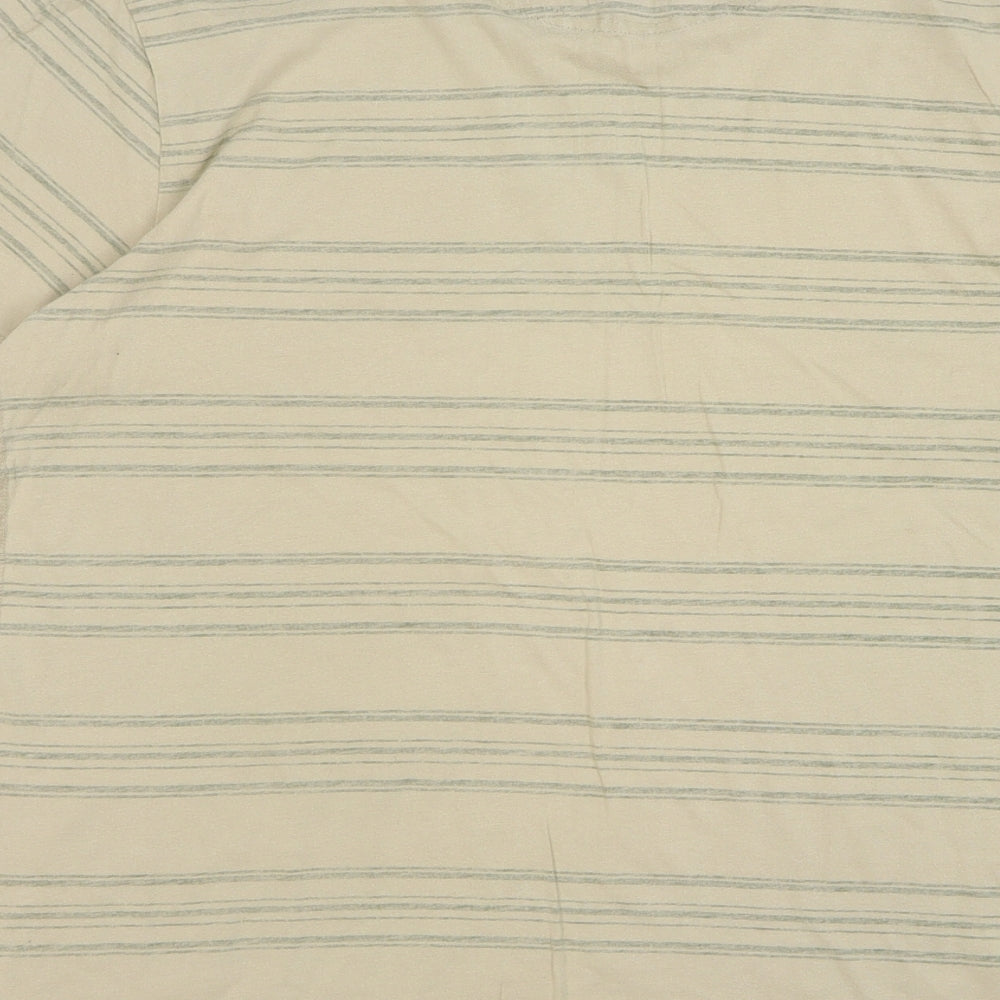 Marks and Spencer Mens Beige Striped Cotton T-Shirt Size M Round Neck - Pocket Detail