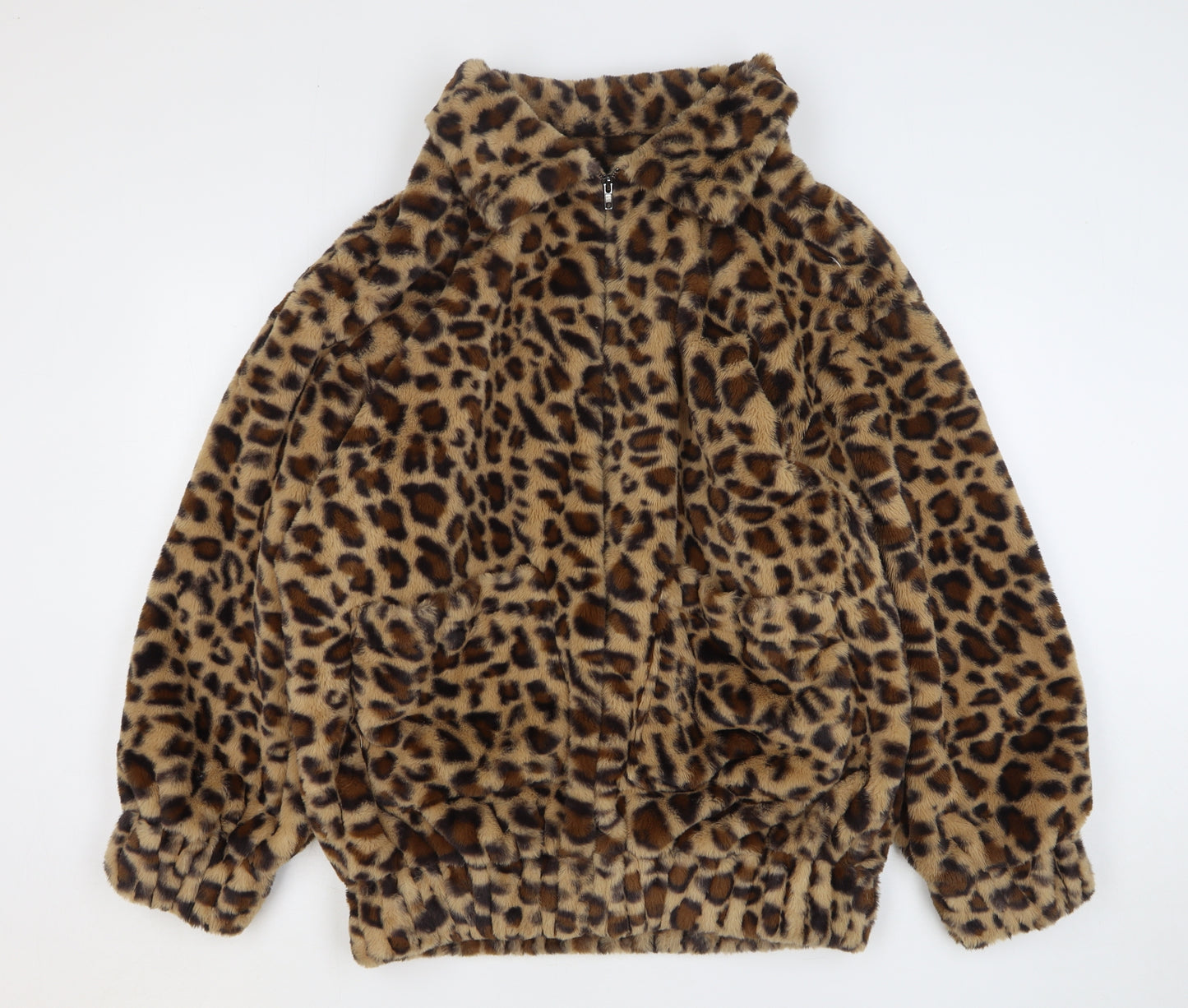 PRETTYLITTLETHING Womens Beige Animal Print Jacket Size S Zip - Leopard Print