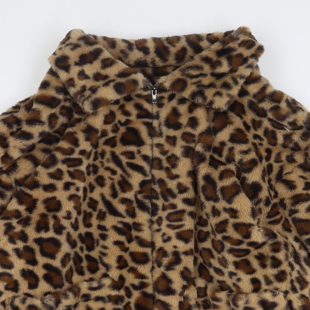 PRETTYLITTLETHING Womens Beige Animal Print Jacket Size S Zip - Leopard Print