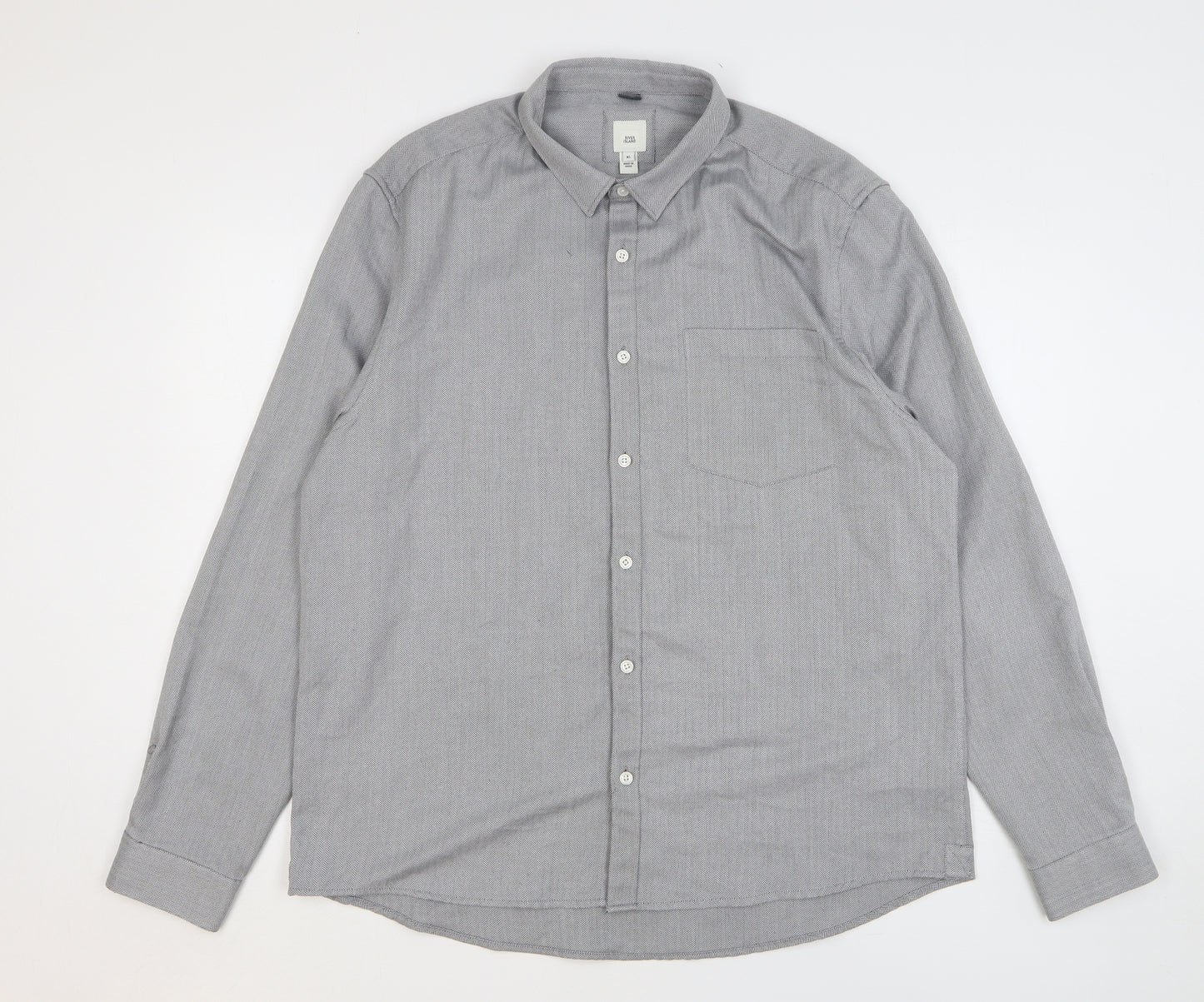 River Island Mens Grey Herringbone Polyester Button-Up Size XL Collared Button