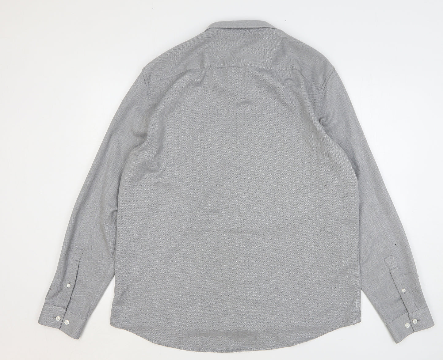 River Island Mens Grey Herringbone Polyester Button-Up Size XL Collared Button