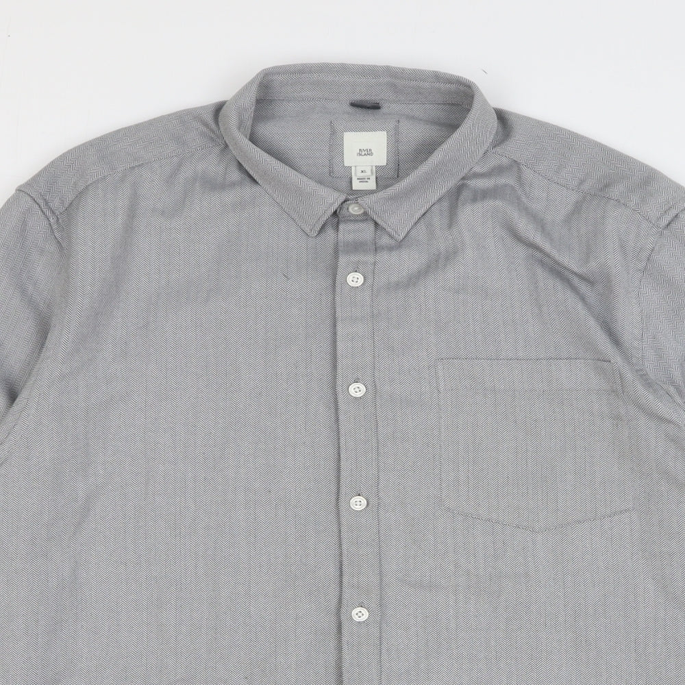 River Island Mens Grey Herringbone Polyester Button-Up Size XL Collared Button