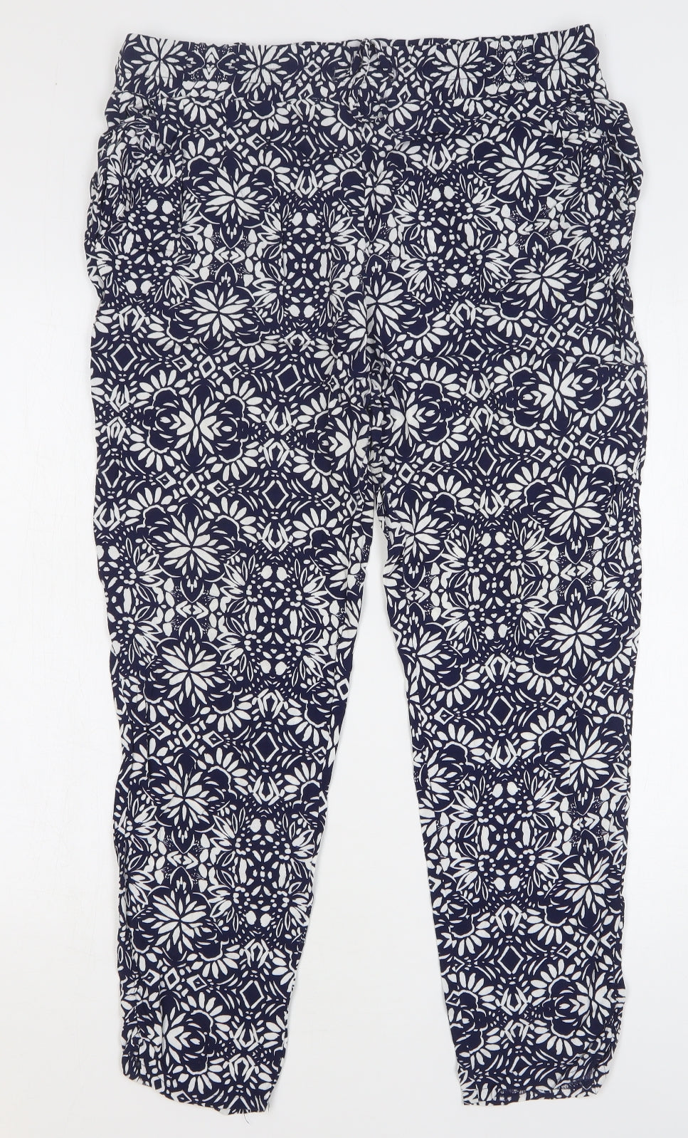 Papaya Womens Blue Floral Viscose Trousers Size 14 L28 in Regular Drawstring