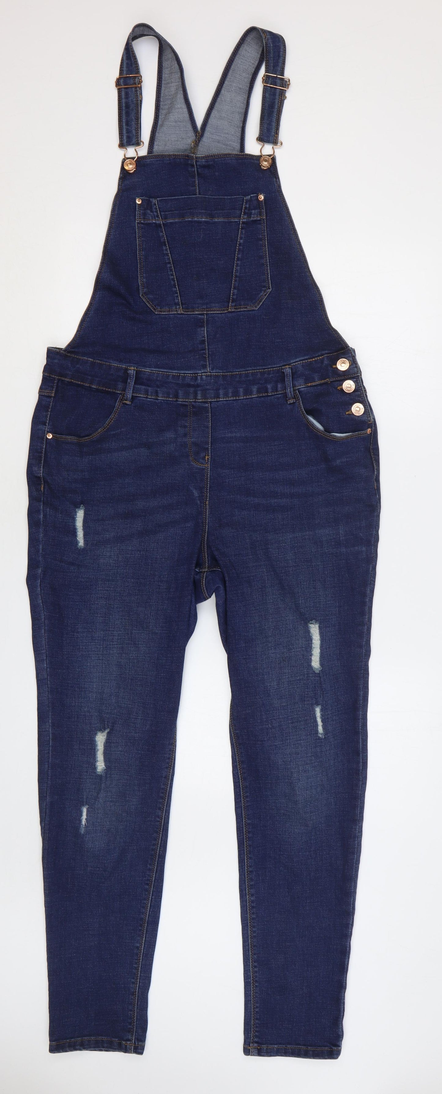 Matalan Womens Blue Cotton Dungaree One-Piece Size 14 L29 in Button - Distressed