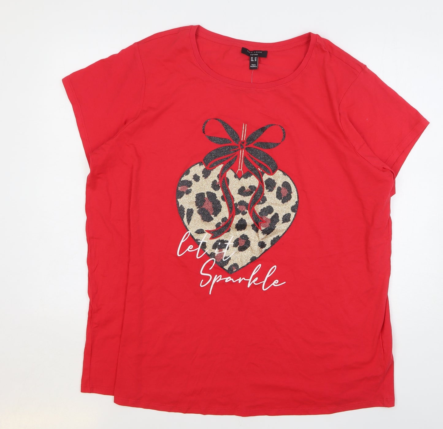 New Look Womens Red Cotton Basic T-Shirt Size 24 Round Neck - Christmas Bauble
