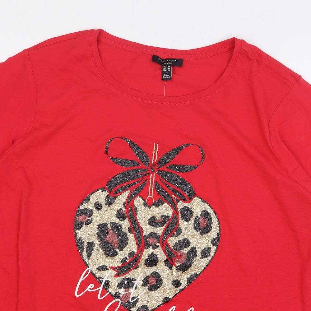 New Look Womens Red Cotton Basic T-Shirt Size 24 Round Neck - Christmas Bauble
