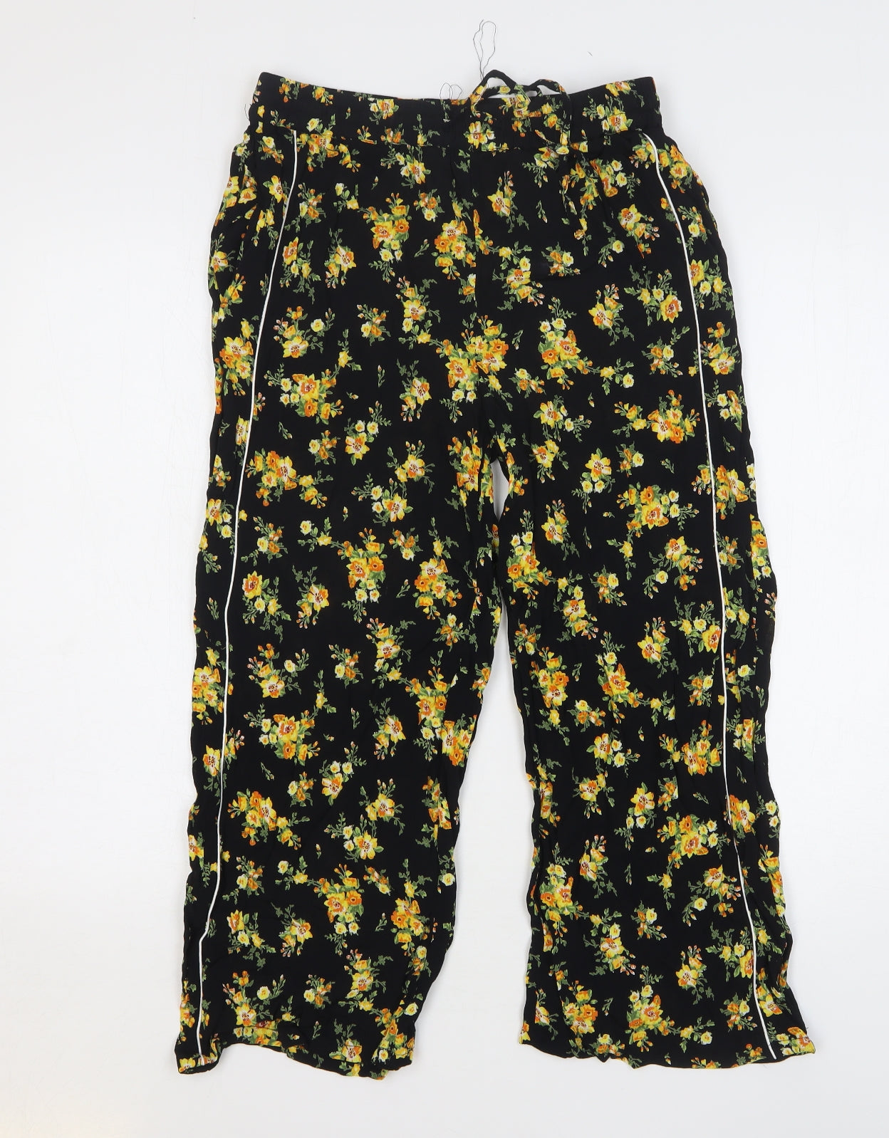 Miss Selfridge Womens Black Floral Cotton Cropped Trousers Size 8 L23 in Regular Drawstring