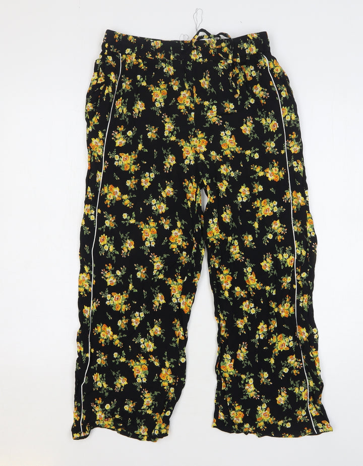 Miss Selfridge Womens Black Floral Cotton Cropped Trousers Size 8 L23 in Regular Drawstring