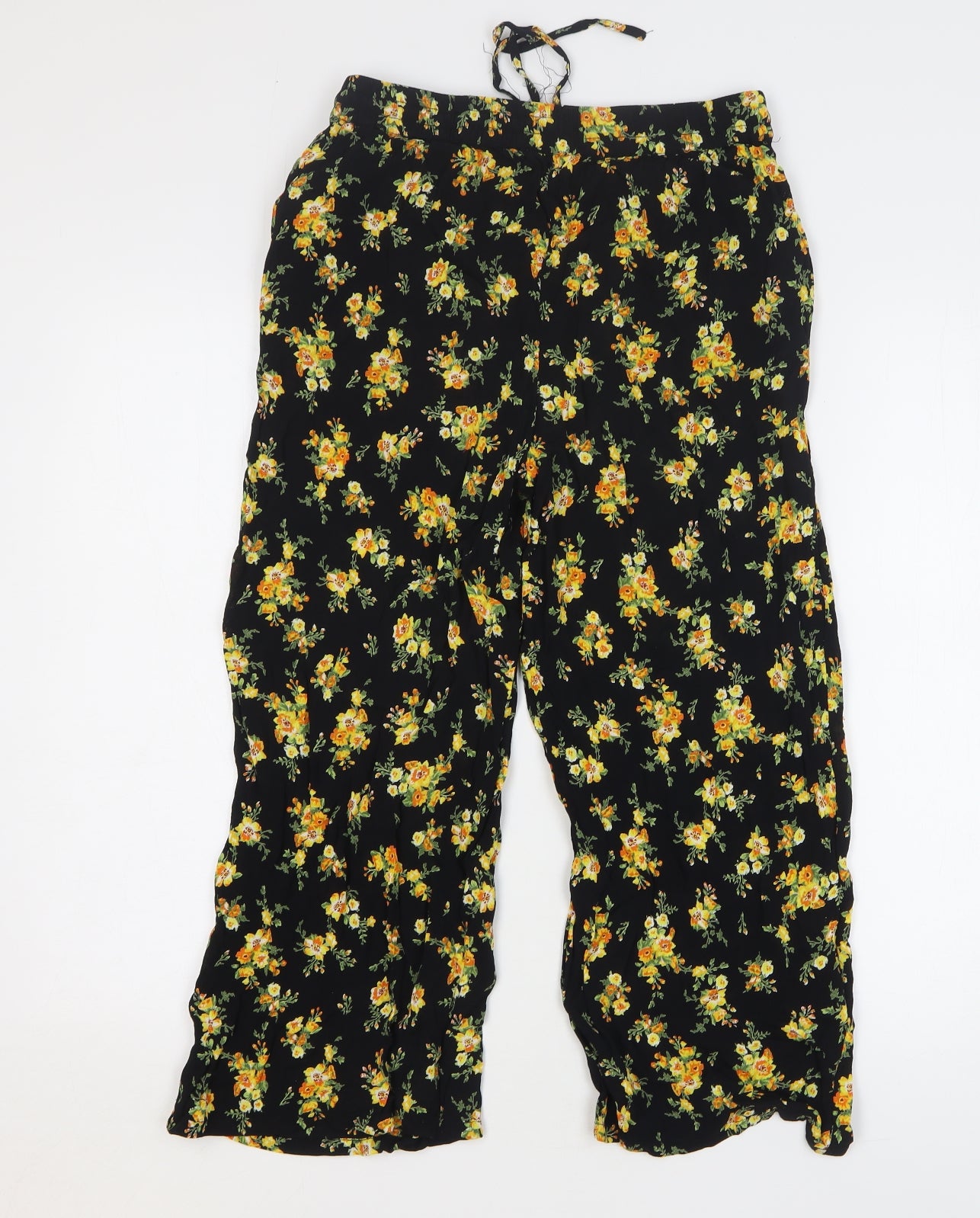 Miss Selfridge Womens Black Floral Cotton Cropped Trousers Size 8 L23 in Regular Drawstring