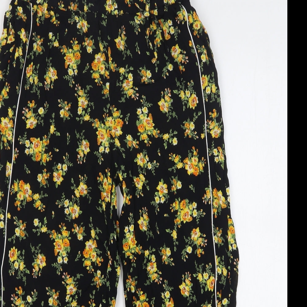 Miss Selfridge Womens Black Floral Cotton Cropped Trousers Size 8 L23 in Regular Drawstring