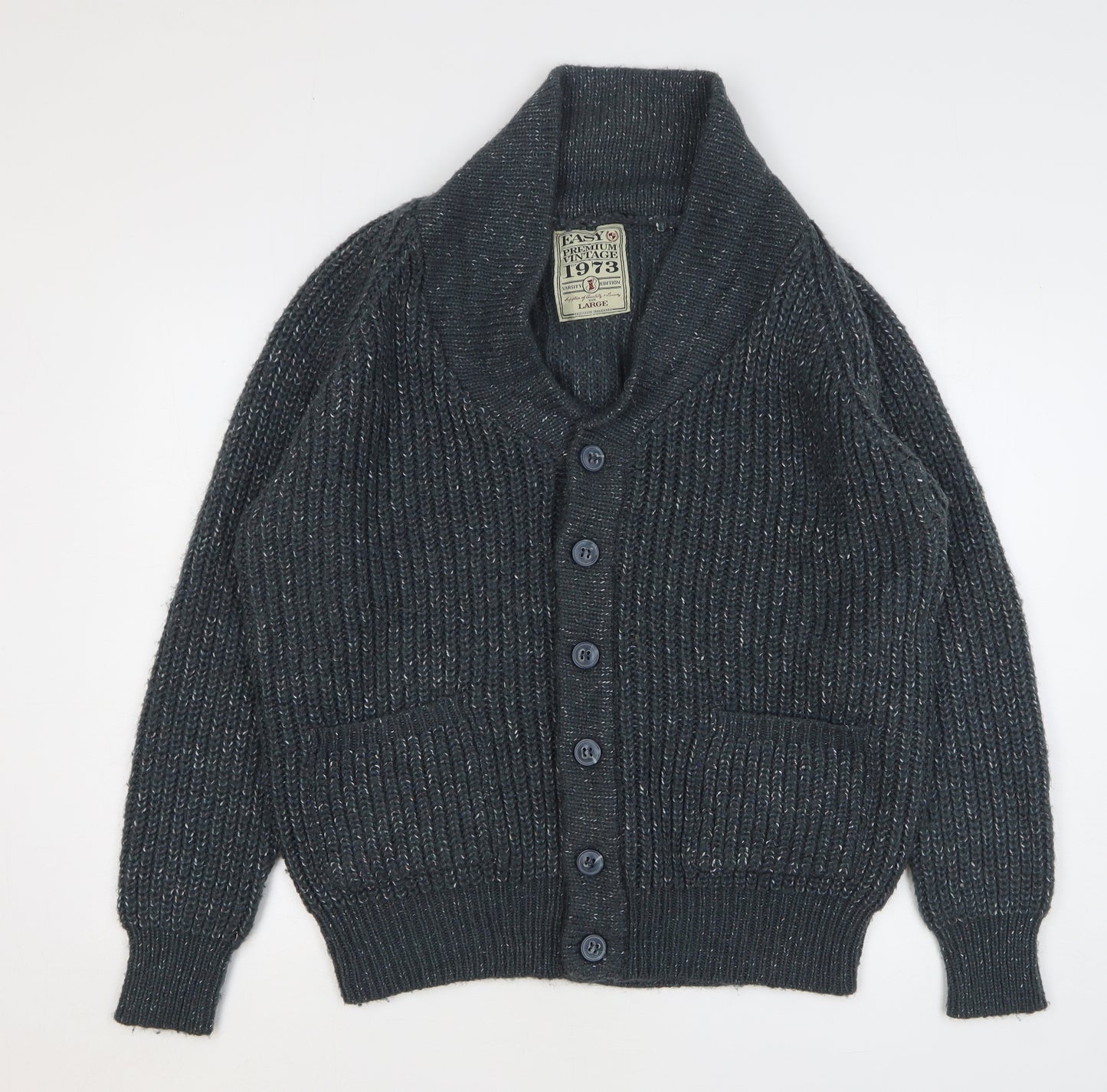 Easy Mens Green V-Neck Acrylic Cardigan Jumper Size L