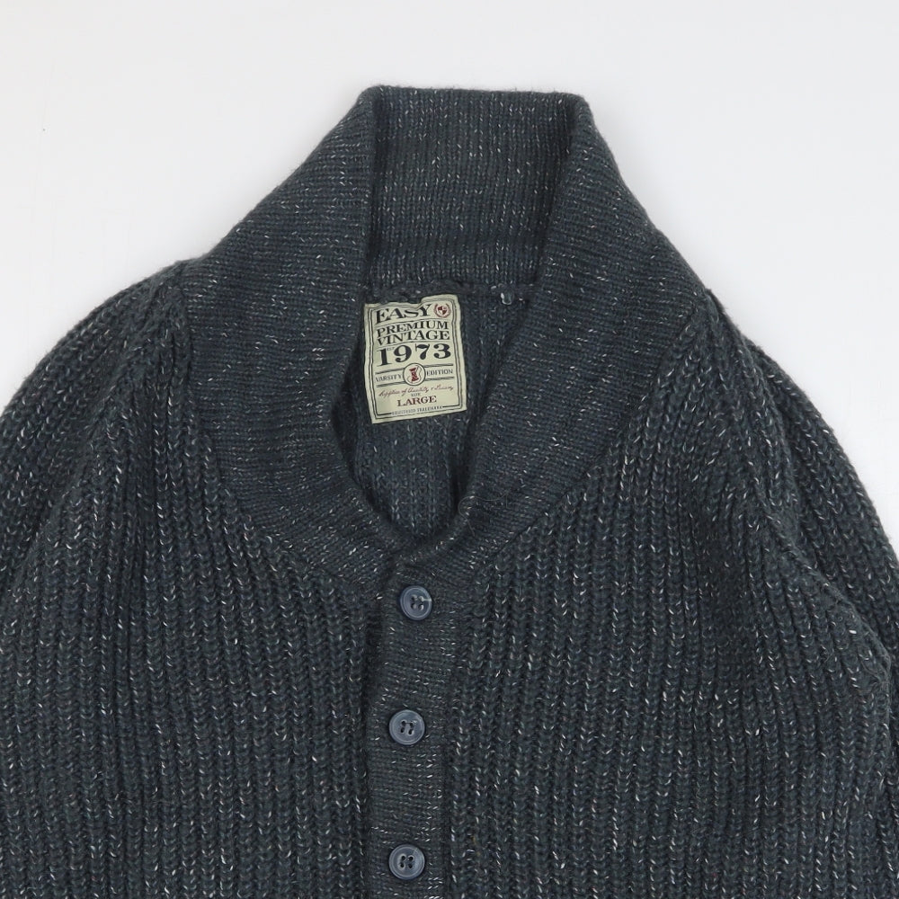 Easy Mens Green V-Neck Acrylic Cardigan Jumper Size L