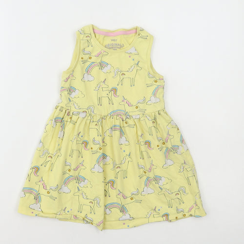 Marks and Spencer Girls Yellow Geometric Cotton Skater Dress Size 3-4 Years Round Neck Pullover - Unicorn