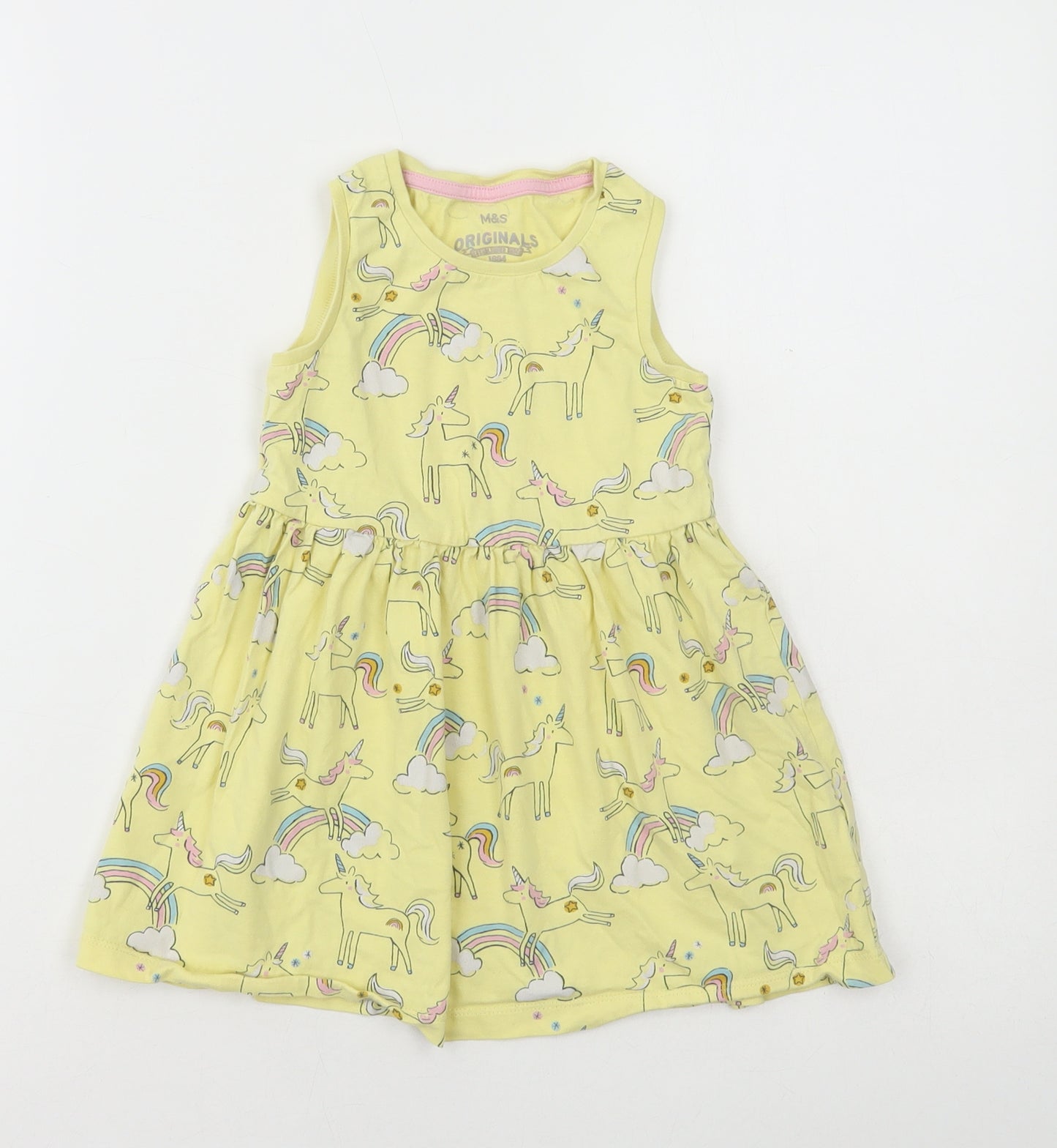 Marks and Spencer Girls Yellow Geometric Cotton Skater Dress Size 3-4 Years Round Neck Pullover - Unicorn