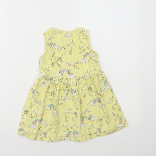 Marks and Spencer Girls Yellow Geometric Cotton Skater Dress Size 3-4 Years Round Neck Pullover - Unicorn