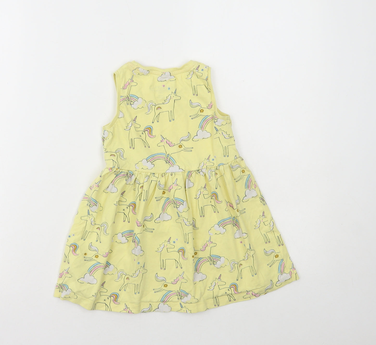 Marks and Spencer Girls Yellow Geometric Cotton Skater Dress Size 3-4 Years Round Neck Pullover - Unicorn