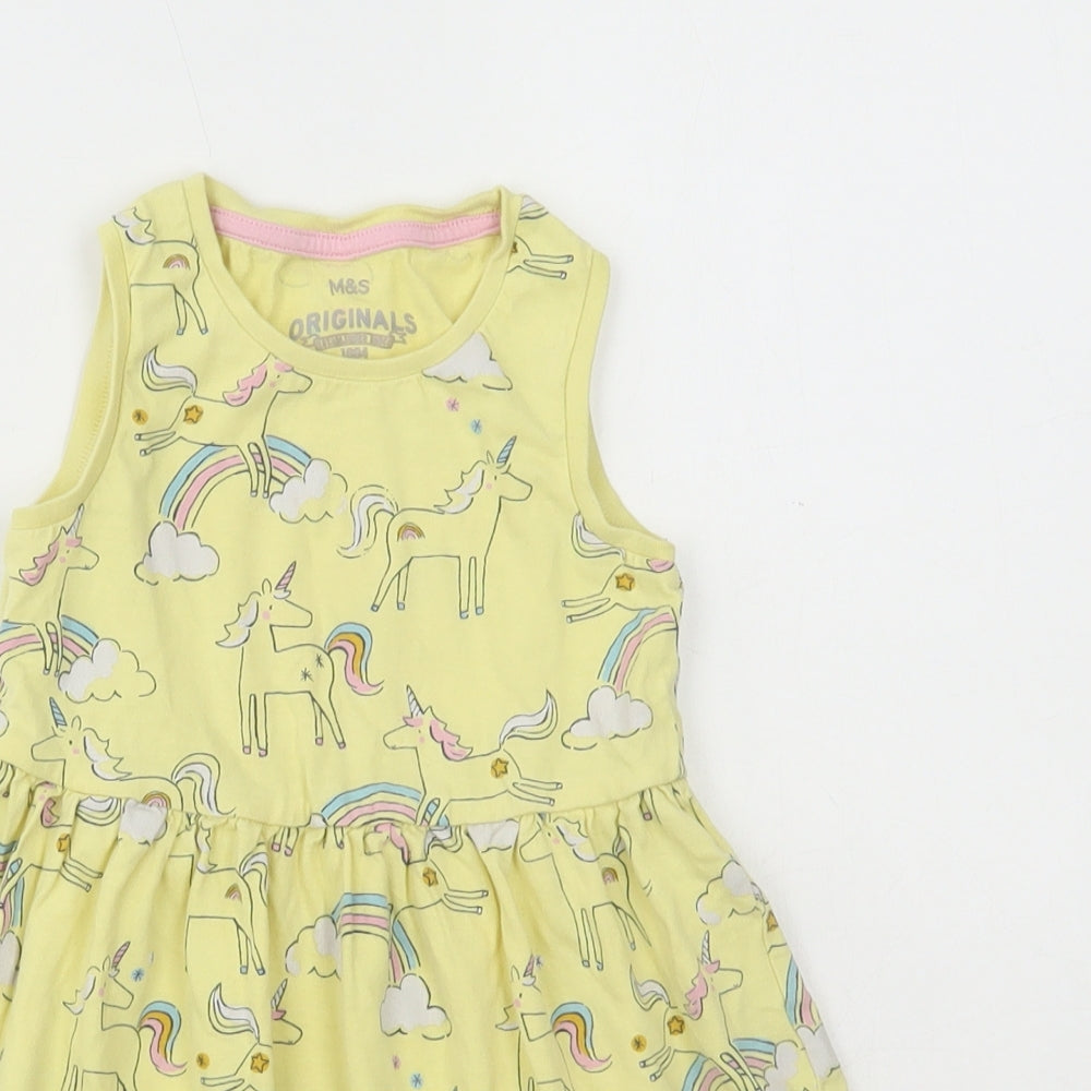 Marks and Spencer Girls Yellow Geometric Cotton Skater Dress Size 3-4 Years Round Neck Pullover - Unicorn