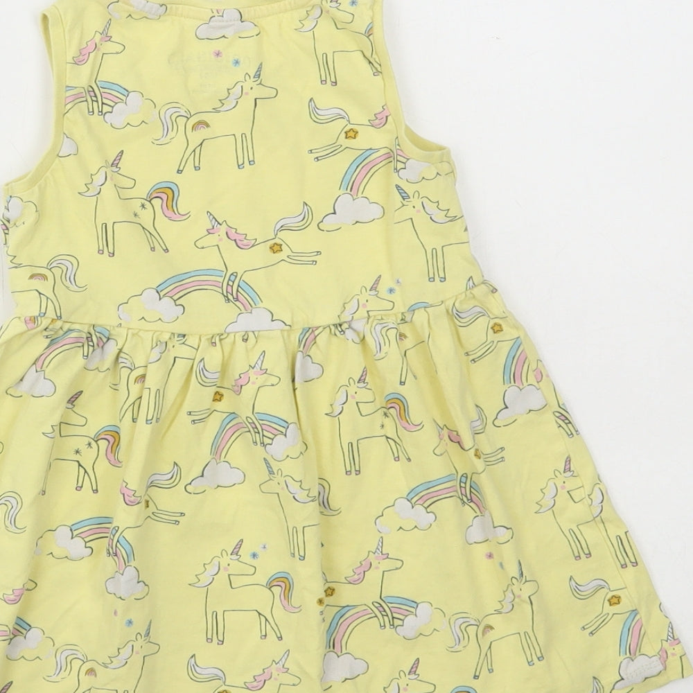 Marks and Spencer Girls Yellow Geometric Cotton Skater Dress Size 3-4 Years Round Neck Pullover - Unicorn