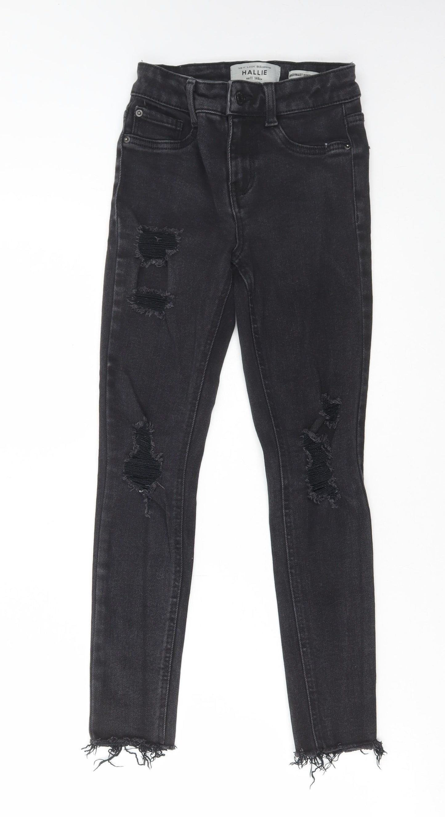 New Look Girls Black Cotton Skinny Jeans Size 11 Years Regular Zip - Distressed