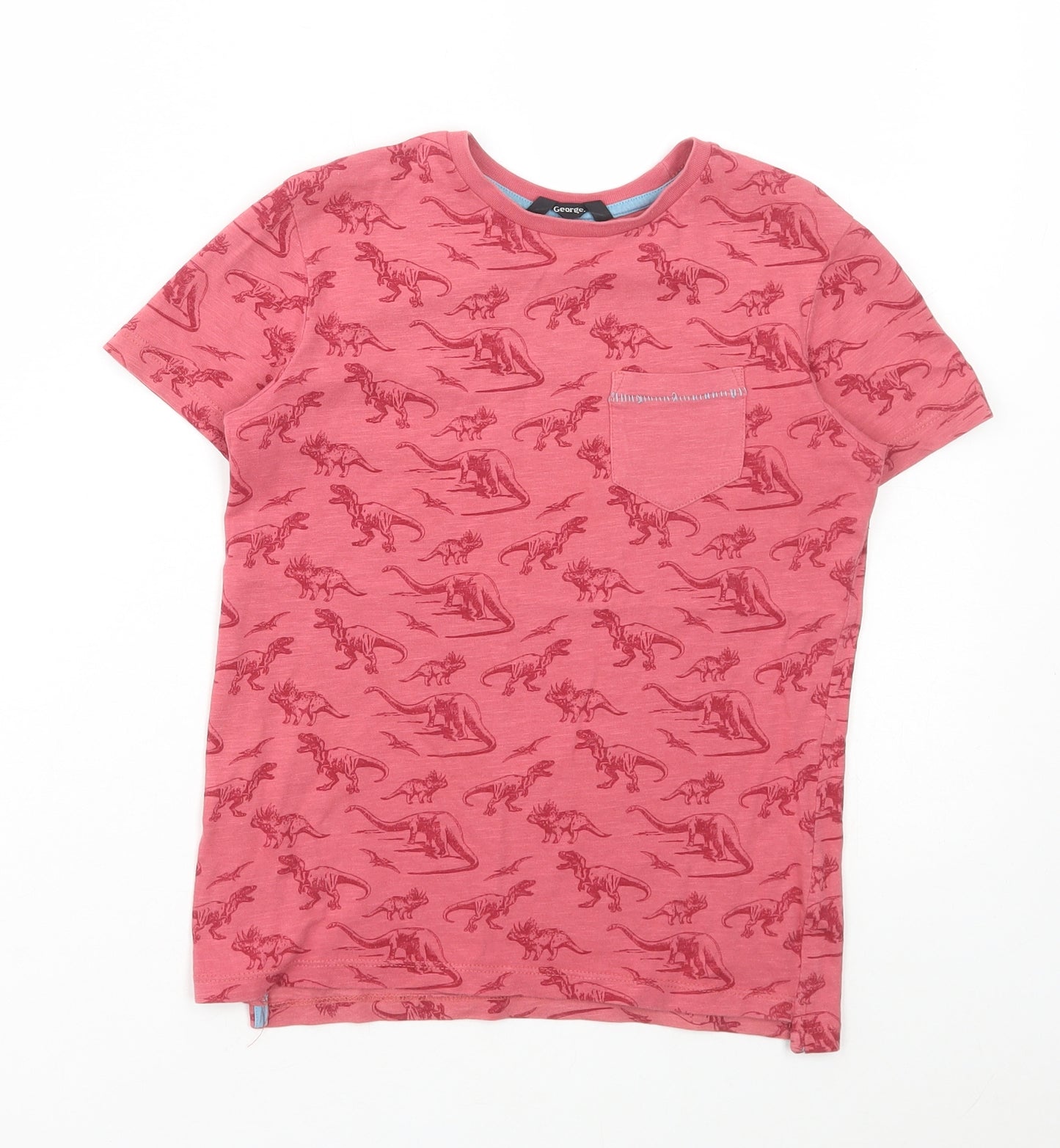George Boys Red Geometric Cotton Basic T-Shirt Size 7-8 Years Round Neck Pullover - Dinosaur Print