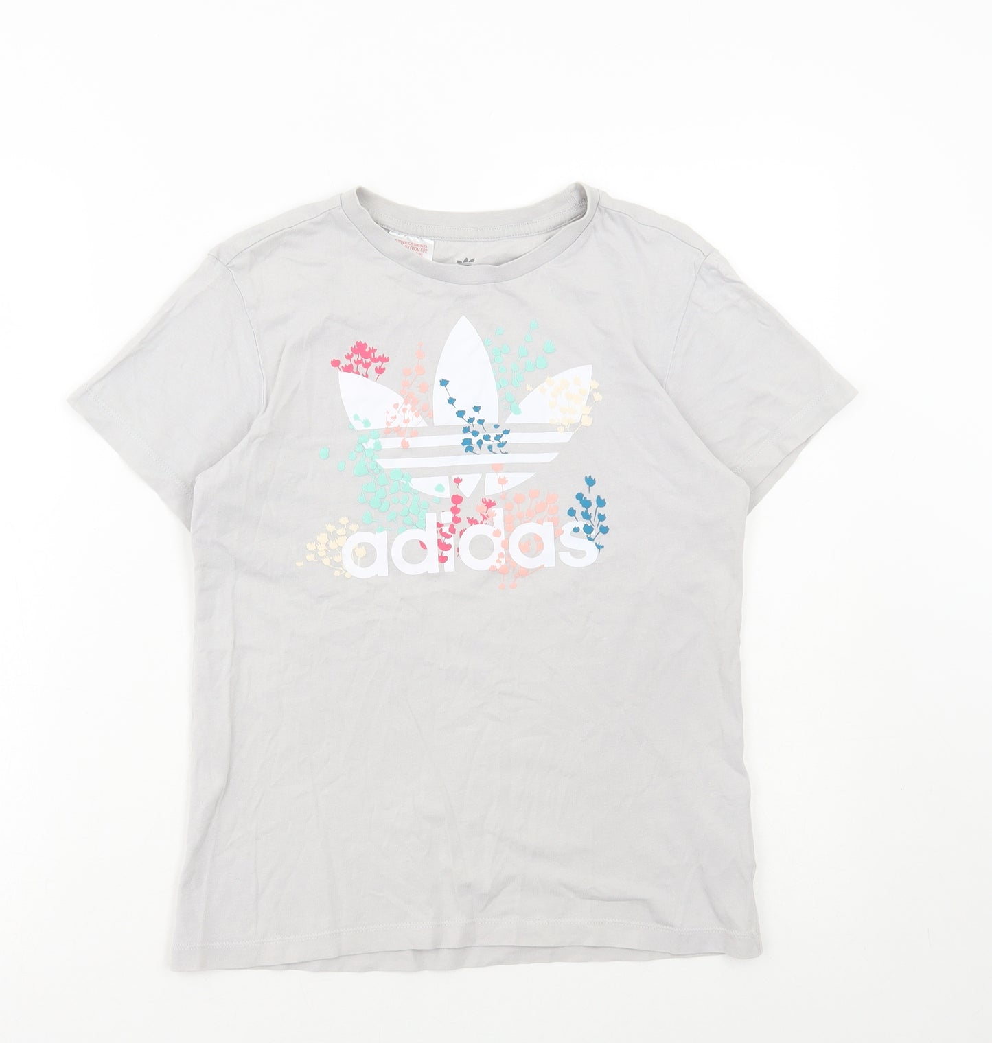 adidas Girls Grey Floral Cotton Basic T-Shirt Size 11-12 Years Round Neck Pullover