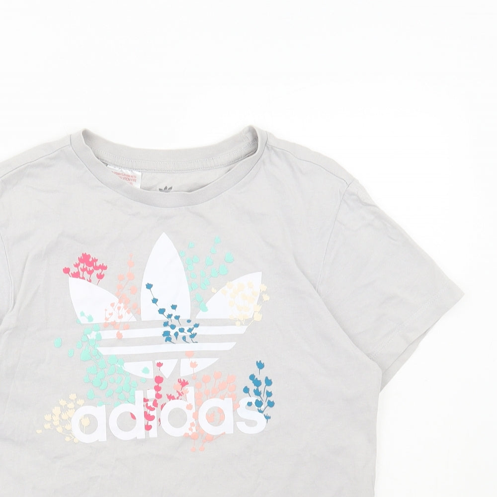 adidas Girls Grey Floral Cotton Basic T-Shirt Size 11-12 Years Round Neck Pullover