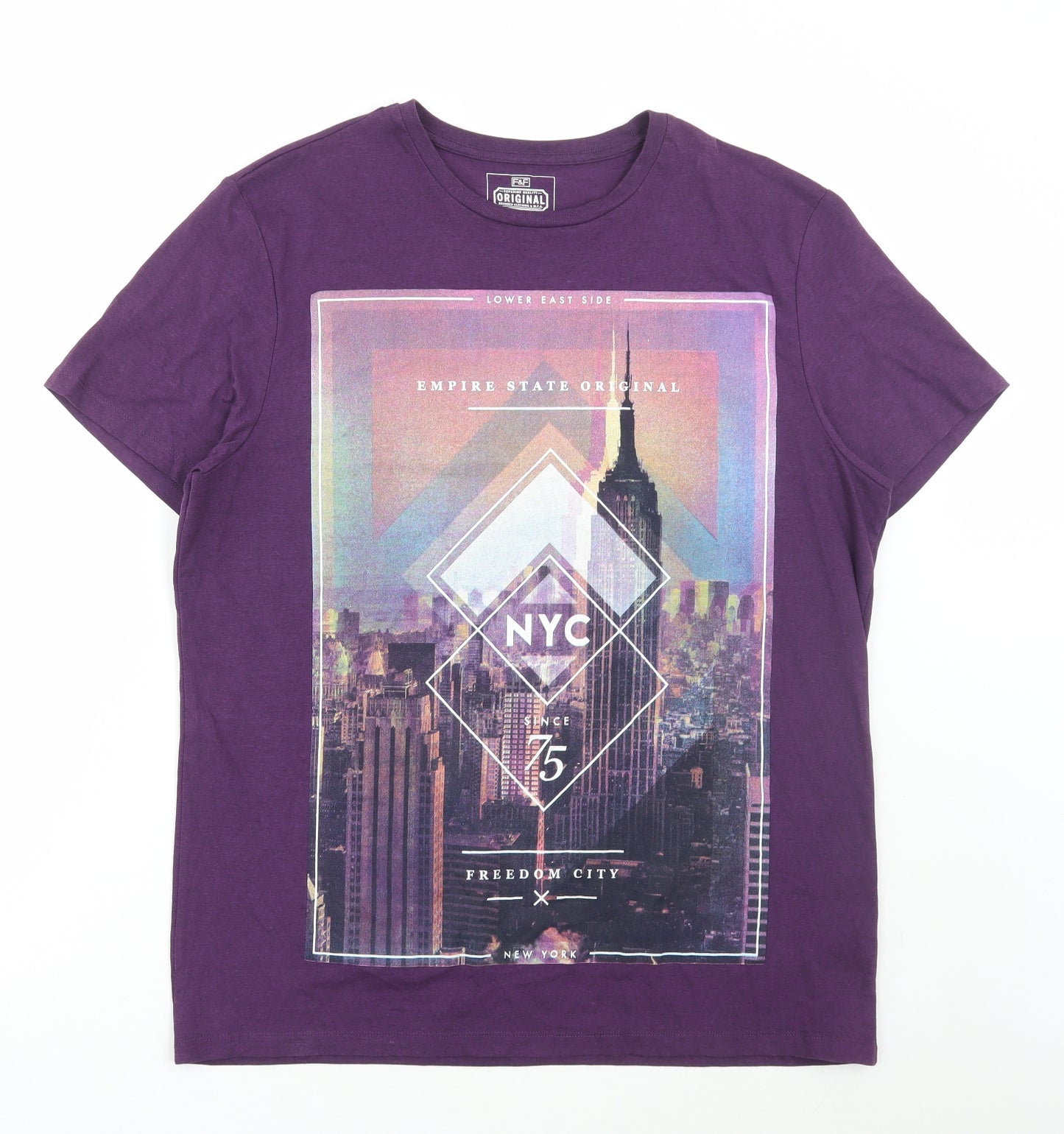 F&F Mens Purple Cotton T-Shirt Size XL Round Neck - New York